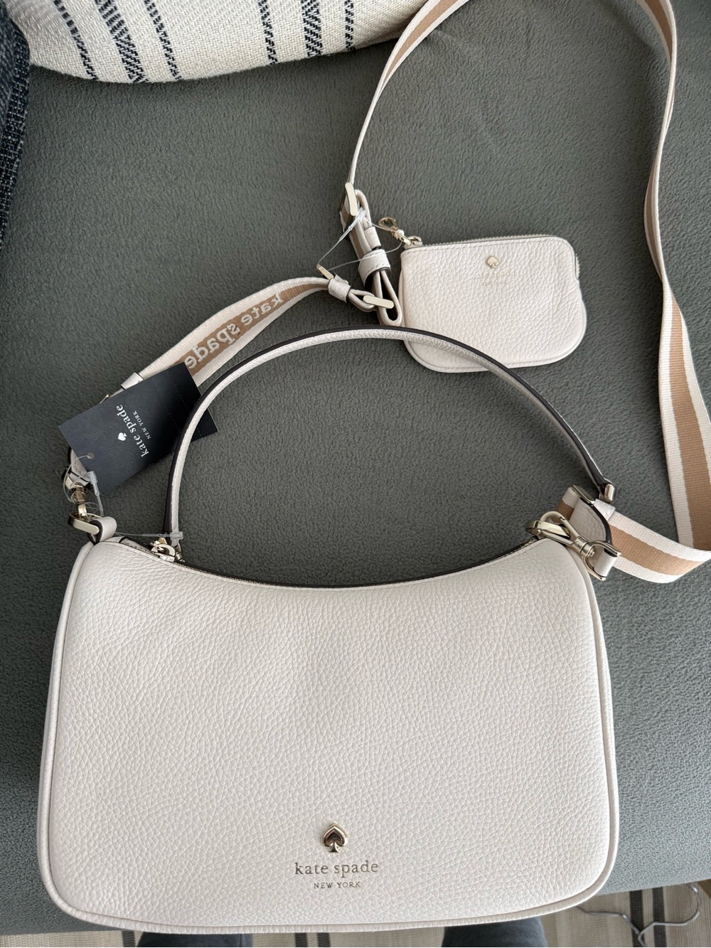 kate spade Off-White Pebbled Leather Shoulder Bag with Striped Strap